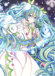Rule 34 | 1girl, aqua hair, blue eyes, blush, capelet, dress, flower, gradient background, hair ornament, hatsune miku, lily of the valley, long hair, looking at viewer, rabbit, scarf, smile, snowflake print, snowflakes, solo, twintails, very long hair, vocaloid, yong heng xiong, yuki miku, yukine (vocaloid)