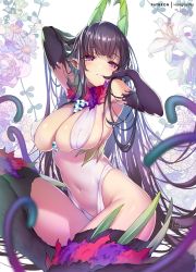 Rule 34 | 1girl, ane naru mono, arm up, armpits, black hair, breasts, bright pupils, chiyo (ane naru mono), cleavage, covered navel, demon girl, elbow gloves, floral background, flower, gloves, hong (white spider), horns, large breasts, leotard, lily (flower), long hair, looking at viewer, mole, mole under eye, parted lips, pointy ears, purple eyes, see-through, solo, tentacle hair, tentacles, thighs, very long hair, white leotard