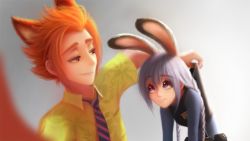Rule 34 | 1boy, 1girl, animal ears, animification, blue eyes, braid, closed mouth, collared shirt, disney, floral print, fox boy, fox ears, fox tail, grey hair, judy hopps, lifting person, long hair, long sleeves, looking at another, necktie, neonil, nick wilde, orange hair, personification, police, police uniform, print shirt, purple eyes, rabbit ears, rabbit girl, shirt, short hair, short sleeves, smile, striped necktie, striped neckwear, tail, twin braids, uniform, upper body, zootopia