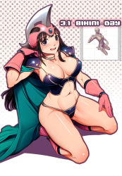 Rule 34 | 1girl, armor, bikini armor, bikini day, blush, boots, breasts, brown hair, cape, chi-chi (dragon ball), commentary request, dragon ball, english text, gloves, harumaki, helmet, kneeling, large breasts, long hair, navel, open mouth, purple eyes, solo, star (symbol)