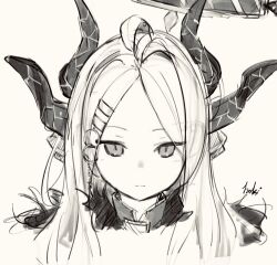 Rule 34 | 1girl, ahoge, blue archive, blush, closed mouth, demon horns, grey background, greyscale, halo, haramaki (haranomaki), highres, hina (blue archive), horns, long hair, looking at viewer, monochrome, multiple horns, portrait, signature, simple background, solo