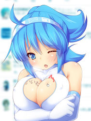 Rule 34 | 1girl, ahoge, blue eyes, blue hair, blush, breasts, chestnut mouth, cleavage, covered erect nipples, cursor, female focus, gloves, hairband, highres, large breasts, long hair, looking at viewer, matching hair/eyes, mouse (computer), mouse cursor, one eye closed, open mouth, original, ponytail, sleeveless, solo, text focus, upper body, white gloves, yuzuki kei