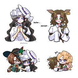 Rule 34 | 4girls, ^^^, black hair, blonde hair, blonney, bow, brown hair, closed eyes, cropped torso, curly hair, dress, earrings, english text, flower, furrowed brow, glasses, gloves, gown, green hat, green jacket, haihaiera, hair flower, hair ornament, hand up, hat, hat bow, hat feather, hug, isolde (reverse:1999), jacket, jessica (reverse:1999), jewelry, juliet sleeves, kakania (reverse:1999), long hair, long sleeves, looking at viewer, low ponytail, multiple girls, multiple views, neck ribbon, own hands together, puffy sleeves, purple eyes, purple jacket, red ribbon, reverse:1999, ribbon, round eyewear, shirt, sun hat, sweat, tears, tilted headwear, upper body, white bow, white dress, white hat, white shirt, white veil, yellow gloves, yuri