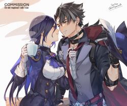 Rule 34 | 1boy, 1girl, black choker, black hair, blue capelet, blue eyes, breasts, capelet, choker, clorinde (genshin impact), commentary, commission, corset, cup, eye contact, genshin impact, gloves, grin, holding, holding cup, long hair, looking at another, medium breasts, purple hair, short sleeves, smile, soc nau, teacup, upper body, very long hair, white background, white gloves, wriothesley (genshin impact)