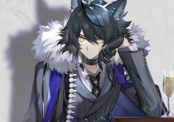 Rule 34 | 1boy, animal ears, arknights, arm support, arm up, black gloves, black hair, black necktie, black suit, cloak, collared shirt, commentary, cup, drinking glass, ear piercing, formal, frown, fur-trimmed cloak, fur trim, gloves, grey cloak, highres, hou (ppo), infection monitor (arknights), looking at viewer, male focus, necktie, piercing, pinstripe pattern, pinstripe suit, profile, shadow, shirt, sidelocks, simple background, solo, striped, suit, symbol-only commentary, undershirt, upper body, vigil (arknights), white background, white shirt, wine glass, wolf boy, wolf ears, yellow eyes