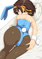 Rule 34 | 1girl, animal ears, ass, bed, blue leotard, bow, bowtie, brown pantyhose, condom, condom wrapper, cowboy shot, detached collar, dutch angle, fake animal ears, from behind, haruhisky, highres, leotard, looking at viewer, lying, on side, pantyhose, pillow, playboy bunny, rabbit ears, rabbit tail, simple background, solo, strapless, strapless leotard, suzumiya haruhi, suzumiya haruhi no yuuutsu, tail, white background, wrist cuffs