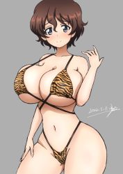 Rule 34 | 1girl, akaboshi koume, animal print, bikini, blue eyes, blush, breasts, brown hair, bukkuri, cleavage, closed mouth, collarbone, commission, dated, girls und panzer, grey background, hand on own thigh, highres, large breasts, looking at viewer, navel, pixiv commission, shiny skin, short hair, simple background, solo, swimsuit, tiger print
