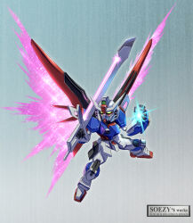 Rule 34 | artist logo, assassin silver, chibi, commentary request, destiny gundam spec ii, energy sword, energy wings, full body, glowing, glowing hand, green eyes, gundam, gundam seed, gundam seed freedom, highres, holding, holding sword, holding weapon, legs apart, light particles, mecha, mecha focus, mobile suit, no humans, over shoulder, robot, science fiction, sd gundam, solo, sword, v-fin, weapon, weapon over shoulder