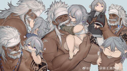 Rule 34 | 1boy, 1girl, absurdres, affectionate, age difference, bara, biting, braid, cheek biting, cheek press, dark-skinned male, dark skin, facial mark, final fantasy, final fantasy xiv, grey hair, headband, hetero, highres, hyur, interracial, jewelry, kiss, kissing cheek, large hands, lifting person, long hair, lyon rem helsos, mature male, multiple views, muscular, muscular male, necklace, notesonlyonpii, nude, old, old man, scar, scar on face, scar on nose, side braid, size difference, tooth necklace, tribal, upper body, warrior of light (ff14), white hair, white headband