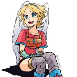 Rule 34 | 1girl, angel wings, armor, blonde hair, breath of fire, breath of fire i, capcom, commentary request, covered navel, dramatica, gloves, green eyes, hairband, leotard, looking at viewer, nina (breath of fire i), red leotard, short hair, simple background, solo, thighhighs, white background, white wings, wings