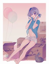 Rule 34 | 1girl, absurdres, alternate hairstyle, amane kanata, barefoot, blue hair, blue shirt, bottle, box, clothes lift, colored inner hair, commentary, feet, grey hair, groin, hair ornament, hairclip, highres, hololive, hot, looking at viewer, midriff peek, multicolored hair, navel, on box, pp tenshi t-shirt, purple eyes, rabbit, shirt, shirt lift, short hair, short ponytail, short sleeves, shorts, single hair intake, sitting, sitting on box, soles, solo, sweat, symbol-only commentary, t-shirt, toes, uehara (dormmmmir ), virtual youtuber, water bottle, white shorts, wiping sweat