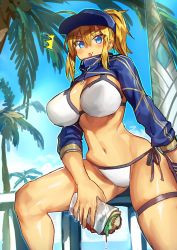 Rule 34 | 1girl, ahoge, artoria pendragon (fate), bikini, blonde hair, blue eyes, blush, breasts, cleavage, cropped jacket, day, fate/grand order, fate (series), food, food on face, hat, highres, large breasts, melon22, mysterious heroine x (fate), mysterious heroine xx (fate), navel, open mouth, outdoors, ponytail, shrug (clothing), side-tie bikini bottom, solo, surprised, swimsuit, twinmyniad (fate), white bikini