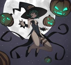 Rule 34 | 1girl, black dress, black footwear, black hat, closed mouth, commentary, dress, energy, english commentary, fang, fangs, fantasy, floating, flying, full body, full moon, glowing, glowing eyes, glowing mouth, green eyes, green hair, halloween, halloween costume, hat, highres, jack-o&#039;-lantern, jourd4n, levitation, looking at viewer, magic, moon, night, night sky, one-punch man, outdoors, psychic, pumpkin, sky, smile, solo, star (sky), starry sky, tatsumaki, teeth, telekinesis, witch, witch hat