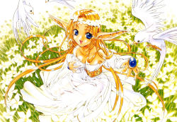 Rule 34 | 1girl, blonde hair, blue eyes, dress, elf, flower, happy, long hair, monster collection, nanase aoi, pointy ears, seven colors of the wind, solo