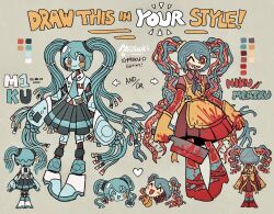 Rule 34 | 2girls, alleesaur, aqua eyes, aqua skin, black skirt, blood, blood splatter, blush, cable hair, character name, draw this in your style challenge, dress, english text, gloves, hatsune miku, heart, highres, mechanization, multiple girls, one eye closed, pleated skirt, red dress, red eyes, skirt, vocaloid, yellow gloves