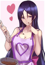 Rule 34 | 1girl, :q, apron, bare arms, bare shoulders, black hair, bowl, breasts, chocolate, chocolate on body, chocolate on breasts, cleavage, collarbone, cooking, covered erect nipples, fate/grand order, fate (series), fingernails, food on body, gradient background, hair between eyes, hands up, heart, highres, holding, large breasts, licking, licking finger, long hair, looking at viewer, minamoto no raikou (fate), naked apron, parted bangs, pink background, purple apron, purple eyes, shigure s, sidelocks, slit pupils, solo, standing, straight hair, thighhighs, tongue, tongue out, whisk