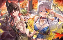 Rule 34 | 2girls, akagi (azur lane), alternate costume, animal ear fluff, animal ears, autumn, autumn leaves, azur lane, bare shoulders, blue eyes, blue nails, bracelet, breasts, brown hair, bush, camisole, casual, choker, cleavage, collarbone, commentary request, contemporary, falling leaves, food, fox ears, fox tail, himuro shunsuke, jewelry, kaga (azur lane), kitsune, kyuubi, large breasts, leaf, looking at viewer, manjuu (azur lane), mochi, multiple girls, multiple tails, nail polish, necklace, off shoulder, oil-paper umbrella, outdoors, red eyes, red nails, sidelocks, sitting, smile, tail, tree, umbrella, white hair
