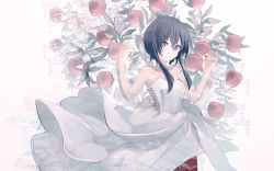 Rule 34 | 1girl, apple, arms up, black hair, brown background, commentary request, copyright request, dress, food, fruit, grey eyes, hair between eyes, long hair, looking at viewer, miyanoyori, parted lips, red apple, see-through, short hair with long locks, solo, strapless, strapless dress, white dress
