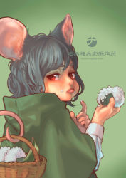 Rule 34 | 1girl, :t, animal ears, blush, eating, food, food on face, full mouth, gradient background, grey hair, highres, mouse ears, mouse tail, nanashi (otaku rock n roll), nazrin, onigiri, red eyes, rice, rice on face, short hair, solo, tail, touhou