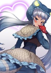 Rule 34 | 1girl, arm at side, bloomers, blouse, blue lips, blush, capelet, closed mouth, corset, cowboy shot, dutch angle, floating hair, frilled capelet, frilled skirt, frills, from behind, glowing, grey hair, heart, highres, hood, hood up, hooded capelet, kamuraaa 615, kemono friends, komodo dragon (kemono friends), komodo dragon tail, lipstick, lizard tail, long hair, long sleeves, looking at viewer, looking back, makeup, mushroom, purple eyes, scales, shirt, skirt, smile, solo, tail, twintails, underwear, very long hair