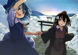 2girls alternate_costume black_hair blue_bow blue_dress blue_eyes blue_hair bow cirno dress fairy futatsuki_eru geta hair_bow hat holding_hands japanese_clothes kimono long_sleeves looking_at_viewer mountain mountainous_horizon multiple_girls open_mouth pointy_ears pom_pom_(clothes) red_eyes red_hat ribbon shameimaru_aya short_hair short_sleeves sky stairs sun sweatdrop tengu tengu-geta tokin_hat torii touhou