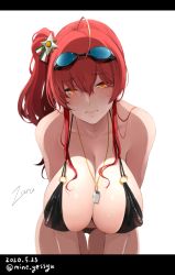 Rule 34 | 1girl, azur lane, bare shoulders, bikini, black bikini, blush, breasts, cleavage, closed mouth, collarbone, covered erect nipples, dated, goggles, goggles on head, hair ornament, hanging breasts, large breasts, leaning forward, long hair, looking at viewer, mine (wizard), o-ring, o-ring bikini, red hair, side ponytail, sidelocks, simple background, swimsuit, whistle, whistle around neck, white background, yellow eyes, zara (azur lane), zara (poolside coincidence) (azur lane)