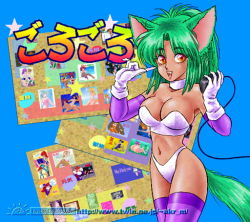 Rule 34 | 1990s (style), 1996, 1girl, akira m, animal ears, april, bikini, blue background, breasts, bulletin board, cat ears, cat girl, cat tail, choker, cleavage, collarbone, dated, fangs, gloves, green hair, holding, index finger raised, large breasts, long hair, looking at viewer, navel, open mouth, orange eyes, ponytail, purple bikini, purple gloves, purple thighhighs, retro artstyle, smile, solo, standing, star (symbol), swimsuit, tail, teeth, thighhighs