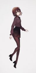 Rule 34 | 1girl, brown hair, brown pantyhose, brown shirt, brown skirt, buttons, dot nose, floating, full body, green eyes, grey background, highres, long sleeves, looking at viewer, mary janes, mochiosamu ron, original, pantyhose, parted lips, plaid, plaid skirt, platform footwear, shirt, shoes, short hair, simple background, skirt, solo, uniform