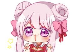 Rule 34 | 0725akaba, 1girl, blush, bow, china dress, chinese clothes, double bun, double v, dress, hair bow, hair bun, hands up, highres, himehina channel, long hair, multicolored hair, open mouth, pink bow, pink hair, puffy short sleeves, puffy sleeves, purple eyes, red bow, red dress, red hair, short sleeves, sidelocks, simple background, solo, star (symbol), streaked hair, tanaka hime, upper body, v, v-shaped eyebrows, virtual youtuber, white background