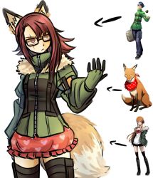 Rule 34 | 1girl, absurdres, animal ears, black thighhighs, chimerism, closed mouth, commentary, english commentary, fox ears, fox girl, fox tail, fur-trimmed jacket, fur trim, fusion, gimmie20dollas, glasses, gloves, green jacket, heart, heart print, highres, jacket, kitsune (persona 4), long hair, narukami yuu, original, persona, persona 3, persona 4, persona 5, red hair, red skirt, reference inset, sakura futaba, scar, scar across eye, shirato jin, skirt, tail, thighhighs