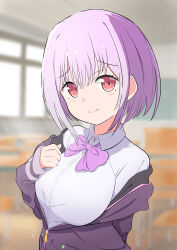 Rule 34 | 1girl, absurdres, blurry, blurry background, blush, bow, bowtie, breasts, classroom, closed mouth, collared shirt, commentary request, gridman universe, hand on own chest, highres, indoors, jacket, large breasts, light purple hair, long sleeves, looking at viewer, off shoulder, partially unzipped, purple bow, purple bowtie, purple hair, purple jacket, red eyes, sevlhd hero, shinjou akane, shirt, short hair, sidelocks, smile, solo, ssss.gridman, upper body, white shirt