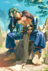 Rule 34 | 1boy, absurdres, alternate hairstyle, bare pectorals, barefoot, bikkusama, blue gloves, blue pants, chest tattoo, dark green hair, fate/grand order, fate (series), flower tattoo, full body, full-body tattoo, gauntlets, gloves, hair down, highres, long hair, looking at viewer, male focus, nagatekkou, nature, outdoors, pants, pectorals, profile, rock, sitting, smile, solo, tattoo, tree, yan qing (fate), yellow eyes