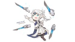 Rule 34 | 1girl, blue eyes, boots, circlet, coat, final fantasy, final fantasy xiv, gloves, lalafell, motion blur, open mouth, pointy ears, rue (ruenis chronowing), sage (final fantasy), solo, weapon, white background, white gloves, white hair