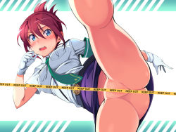 Rule 34 | 10s, 1girl, blue eyes, blush, breasts, caution tape, censored, convenient censoring, embarrassed, folded ponytail, gloves, kicking, leg up, michairu, no panties, open mouth, rail wars!, red hair, sakurai aoi, short hair, skirt, solo, spread legs, tape, uniform, upskirt