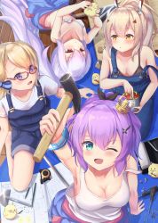 Rule 34 | 4girls, :o, ;d, arm up, armpits, ayanami (azur lane), azur lane, bare legs, bare shoulders, black ribbon, blonde hair, blue eyes, blue overalls, blush, breasts, cleavage, glasses, hair between eyes, hair ornament, hair ribbon, hairclip, hammer, headgear, highres, holding, holding hammer, javelin (azur lane), laffey (azur lane), light purple hair, long hair, looking at another, looking at viewer, looking back, lying, manjuu (azur lane), medium breasts, miso (misomiso 154), multiple girls, on back, on floor, one eye closed, open mouth, overalls, ponytail, purple eyes, purple hair, red eyes, ribbon, shirt, small breasts, smile, strap slip, tank top, twintails, upside-down, very long hair, white shirt, white tank top, z23 (azur lane)