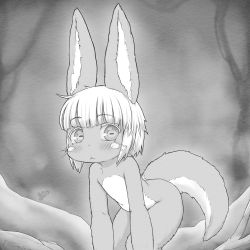 Rule 34 | 1other, :&lt;, all fours, animal ears, closed mouth, completely nude, furry, greyscale, highres, horizontal pupils, kionant, looking at viewer, made in abyss, medium hair, monochrome, nanachi (made in abyss), nude, signature, solo, tail, whiskers