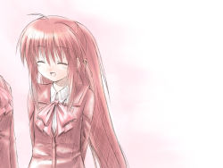 Rule 34 | 1girl, :d, ^ ^, arms behind back, ascot, bell, blazer, blush, bow, bowtie, buttons, closed eyes, closed eyes, game cg, jacket, jingle bell, little busters!, long hair, long sleeves, na-ga, natsume rin, open mouth, ponytail, red hair, school uniform, serafuku, smile, solo focus, upper body