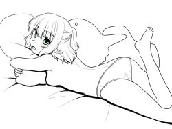 Rule 34 | 1girl, ass, back, breasts, from behind, green eyes, greyscale, isaki (gomi), leg up, looking at viewer, looking back, lying, mizuhashi parsee, monochrome, no pants, hugging object, on stomach, open mouth, panties, panties only, pillow, pillow hug, pointy ears, small breasts, smile, solo, spot color, topless, touhou, underwear, underwear only