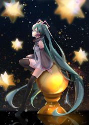 Rule 34 | 1girl, absurdly long hair, alternate costume, aqua eyes, aqua hair, aqua nails, aqua necktie, bare shoulders, black sleeves, black thighhighs, boots, commentary, detached sleeves, dress, from side, full body, globe, hair ornament, hatsune miku, headphones, highres, long hair, looking up, mamo (fortune-mm), nail polish, necktie, planet, reflection, see-through, see-through sleeves, shoulder tattoo, sitting, sleeveless, sleeveless dress, small stellated dodecahedron, solo, space, star (sky), stellated octahedron, tattoo, thigh boots, thighhighs, twintails, very long hair, vocaloid, white dress, zettai ryouiki