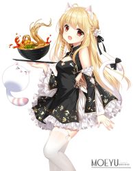 Rule 34 | 1girl, :d, animal, animal ear fluff, animal ears, bare shoulders, black bow, black dress, black ribbon, black sleeves, blonde hair, bow, bowl, breasts, cat, cat ears, cat girl, cat tail, chili pepper, china dress, chinese clothes, cleavage, cleavage cutout, clothing cutout, copyright request, detached sleeves, dress, english text, feet out of frame, flower, food, frilled sleeves, frills, hair between eyes, hair flower, hair ornament, hair ribbon, highres, holding, holding tray, loading (verjuice), long hair, long sleeves, looking at viewer, noodles, open mouth, red eyes, ribbon, simple background, sleeveless, sleeveless dress, small breasts, smile, solo, standing, tail, tail bow, tail ornament, thighhighs, transparent background, tray, very long hair, watermark, web address, white background, white flower, white thighhighs, wide sleeves