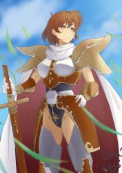 Rule 34 | 1girl, absurdres, aho (hayw7458), armor, boobplate, breastplate, brown eyes, brown hair, cape, cowboy shot, dated, flare (langrisser), groin, hair between eyes, hands on hilt, highres, holding, holding sword, holding weapon, langrisser, langrisser iii, leotard, looking to the side, planted, planted sword, planted weapon, short hair, shoulder armor, smile, solo, standing, sword, weapon