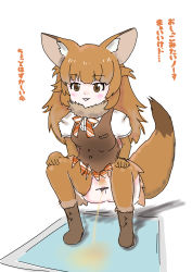 Rule 34 | 1girl, absurdres, animal ears, blush, boots, bow, bowtie, breasts, brown eyes, brown footwear, brown gloves, brown hair, brown neckwear, brown skirt, brown thighhighs, brown vest, censored, collar, dhole (kemono friends), fang, fox ears, fox girl, fox tail, fur collar, gloves, hands on own knees, highres, hinoto (pixiv48761170), kemono friends, long hair, mat, medium breasts, no panties, open mouth, peeing, plaid, plaid neckwear, plaid skirt, pubic hair, puddle, pussy, shirt, short sleeves, skirt, smile, squatting, tail, thighhighs, vest, white shirt