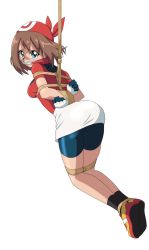 Rule 34 | 1girl, arms behind back, bandana, bike shorts under skirt, black socks, blue eyes, bound, breasts, brown hair, cloth gag, collared shirt, commentary request, creatures (company), eyelashes, full body, gag, gagged, game freak, gloves, highres, improvised gag, looking at viewer, may (pokemon), nintendo, pokemon, pokemon (anime), pokemon rse (anime), popped collar, raised eyebrows, red bandana, red shirt, restrained, sakura painter, shibari, shirt, shoes, simple background, skirt, socks, solo, suspension, transparent background, variant set, white background, white gloves, white skirt, yellow footwear