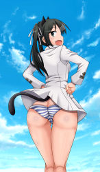 Rule 34 | 1girl, animal ears, aqua eyes, ass, black eyes, black hair, breasts, butt crack, cameltoe, cat ears, cat tail, choker, cleft of venus, fang, francesca lucchini, hair ribbon, hands on own hips, highres, long hair, looking at viewer, looking back, military, military uniform, no pants, open mouth, panties, ribbon, shiny skin, sky, smile, solo, strike witches, striped clothes, striped panties, tail, tk (butakuma), twintails, underwear, uniform, world witches series