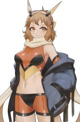 Rule 34 | 1girl, arc2urus, bare shoulders, breasts, brown eyes, brown hair, brown scarf, closed mouth, commentary, cowboy shot, crop top, ear protection, grey jacket, hair ornament, hands in pockets, headgear, highres, jacket, looking at viewer, medium breasts, medium hair, midriff, navel, off shoulder, open clothes, open jacket, orange shirt, orange shorts, scarf, senki zesshou symphogear, shiny clothes, shirt, shorts, sidelocks, simple background, skin tight, sleeveless, sleeveless shirt, smile, solo, standing, stomach, tachibana hibiki (symphogear), white background