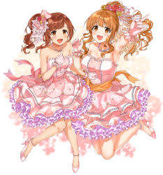 Rule 34 | 2girls, :3, \m/, bare shoulders, blush, bow, breasts, brown eyes, brown hair, collarbone, commentary, dress, flower, frills, full body, gloves, green flower, hair bow, hair flower, hair ornament, highres, idolmaster, idolmaster cinderella girls, idolmaster cinderella girls starlight stage, igarashi kyoko, jewelry, jumping, large breasts, long hair, looking at viewer, medium breasts, moroboshi kirari, multiple girls, necklace, open mouth, pink dress, pink flower, pink footwear, red flower, shoes, sirurabbit, smile, white gloves