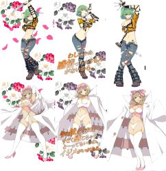 Rule 34 | 10s, 2girls, :d, animal print, aqua eyes, arm behind head, arm up, arms up, bare shoulders, belt, bow, breast hold, breasts, bridal gauntlets, choker, cleavage, cleavage cutout, closed mouth, clothing cutout, coat, collage, crop top, cross-laced footwear, crossed arms, curly hair, denim, dual wielding, earrings, floral background, flower, full body, garter straps, green hair, grey hair, groin, hair between eyes, hair bow, haruka (senran kagura), head tilt, high collar, high heels, highres, hikage (senran kagura), hip focus, holding, holding knife, holding weapon, jeans, jewelry, knife, lab coat, large breasts, leaf, leaning forward, legs apart, licking, licking blade, licking weapon, long sleeves, looking at viewer, midriff, multiple girls, multiple views, narrow waist, navel, off shoulder, official art, one eye closed, open belt, open clothes, open coat, open fly, open mouth, panties, pants, parted bangs, petals, senran kagura, shoes, short hair, simple background, sleeves past wrists, smile, snake, standing, tattoo, test tube, thighhighs, thighs, tongue, tongue out, torn clothes, torn jeans, torn pants, underboob, underwear, undressing, unzipped, weapon, white background, white legwear, white panties, yaegashi nan, yellow eyes, zipper