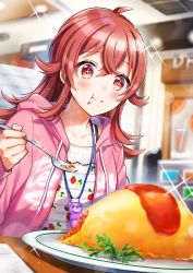 Rule 34 | 1girl, ahoge, blurry, blurry background, blush, check commentary, commentary request, dot nose, eating, flat chest, food, food on face, food print, hair between eyes, hand up, highres, holding, holding spoon, hood, hooded jacket, idolmaster, idolmaster shiny colors, indoors, jacket, ketchup, komiya kaho, long hair, long sleeves, looking ahead, omelet, omurice, pink jacket, plate, print jacket, print shirt, puffy cheeks, red eyes, red hair, restaurant, shinishi chiho, shirt, smile, solo, sparkle, sparkling eyes, spoon, strawberry print, table, upper body, white shirt