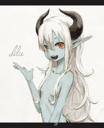 Rule 34 | 1girl, blue skin, censored, colored skin, convenient censoring, demon girl, fangs, flat chest, hair censor, hair over breasts, highres, horns, letterboxed, long hair, looking at viewer, monster girl, navel, nude, open mouth, original, pointy ears, red eyes, satyr, simple background, sketch, smile, solo, toi (number8), very long hair, white hair