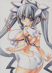Rule 34 | 10s, 1girl, ass, back, backless outfit, bent over, blue eyes, breasts, breasts squeezed together, colored pencil (medium), dress, dungeon ni deai wo motomeru no wa machigatteiru darou ka, female focus, from behind, grey hair, hair ornament, hestia (danmachi), large breasts, long hair, looking at viewer, looking back, marker (medium), millipen (medium), no gloves, rei no himo, ribbon, short dress, simple background, slit pupils, smile, solo, string, traditional media, twintails, uneven eyes, very long hair, white background, white dress, yutakasan-love